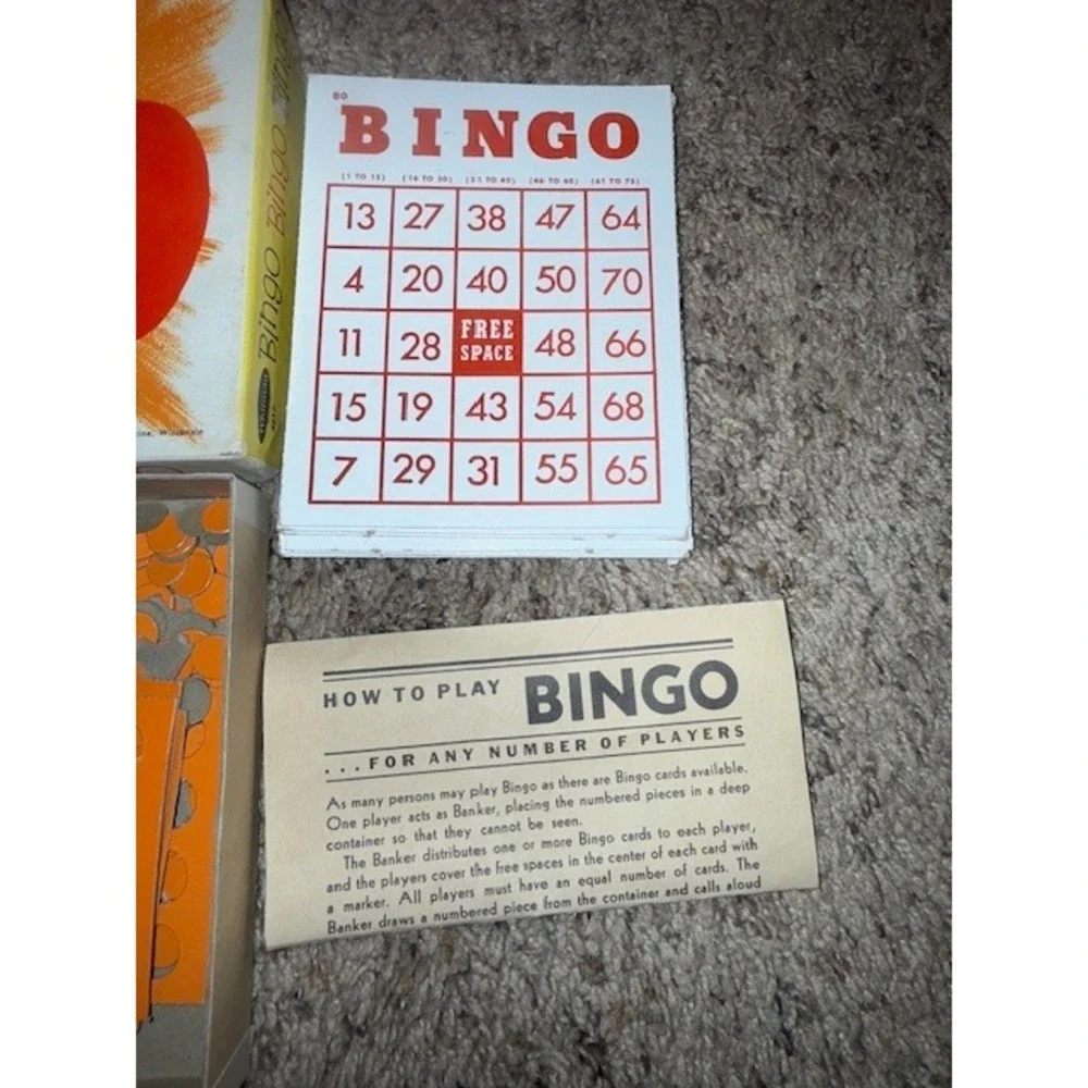 Vintage Whitman Bingo Game Set, 20 Cards, Numbered Pieces, Bingo Dispenser